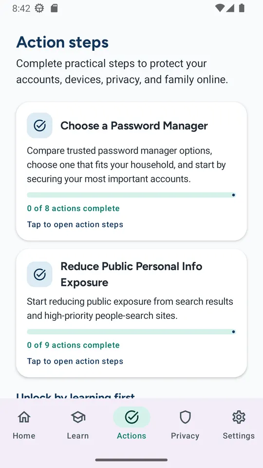 CyberNest Actions screen with step-by-step plans for a password manager and reducing personal-information exposure