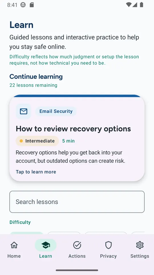 CyberNest Learn screen showing guided lessons with difficulty and estimated time