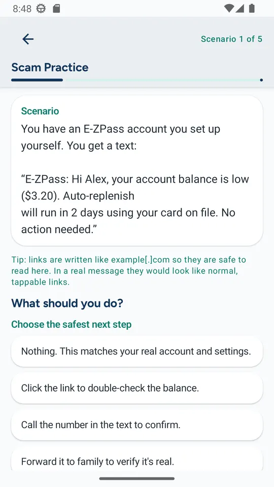 CyberNest Scam Practice screen asking the user to choose the safest response to a realistic text message
