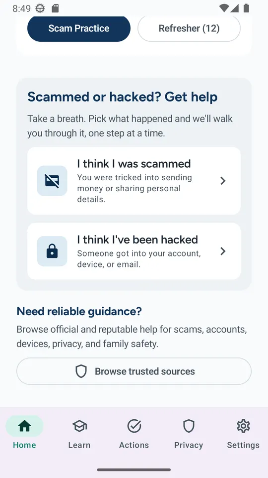 CyberNest recovery screen with options for people who were scammed or hacked, plus trusted sources