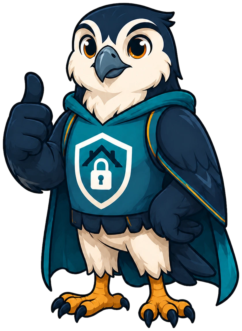 The Nest Guardian, CyberNest's falcon mascot, giving a thumbs-up